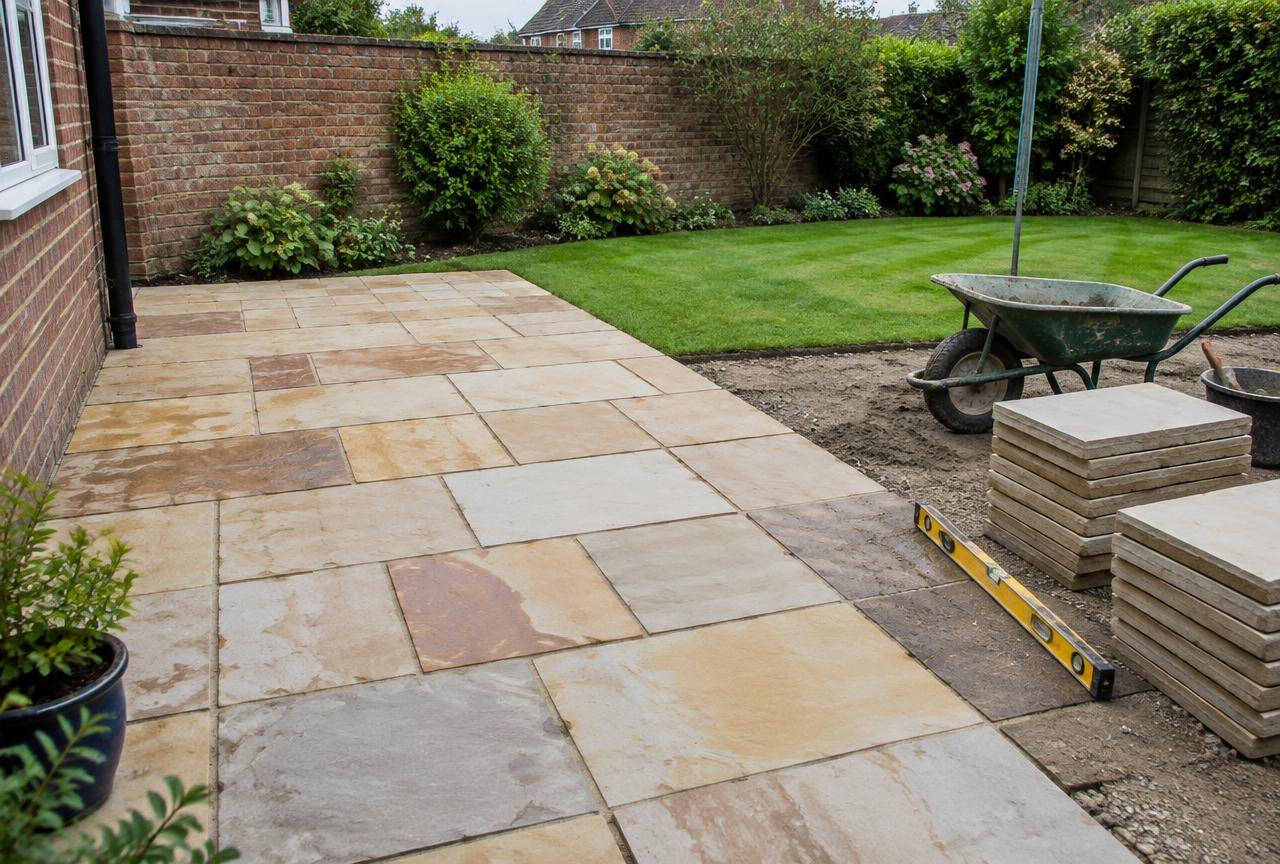 Sandstone paving being laid in a British garden with tools and materials set out neatly