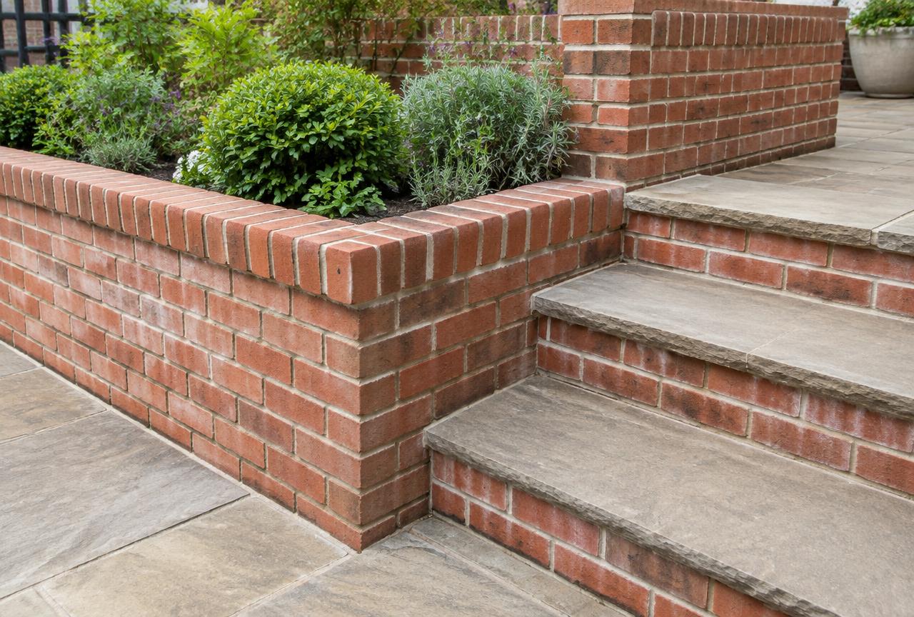 Close-up of neat red brick garden planter with soldier course edging beside brick and stone steps