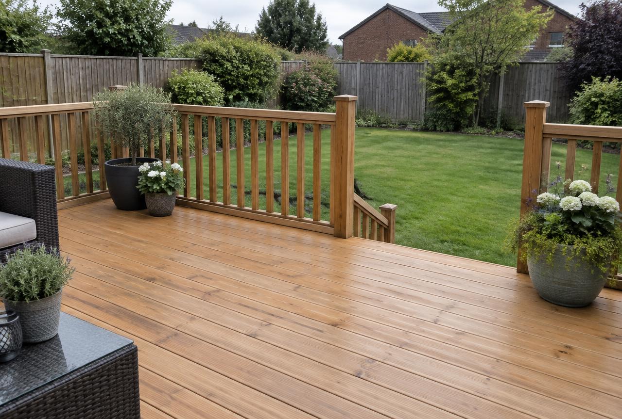 Newly built timber garden decking with balustrade and potted plants overlooking a lawn