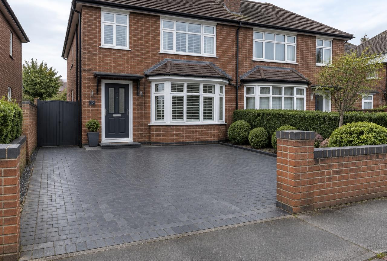 Finished charcoal block paved driveway in front of a British brick house