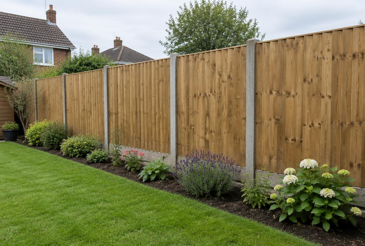 Newly installed close-board timber fence with concrete posts along a garden boundary