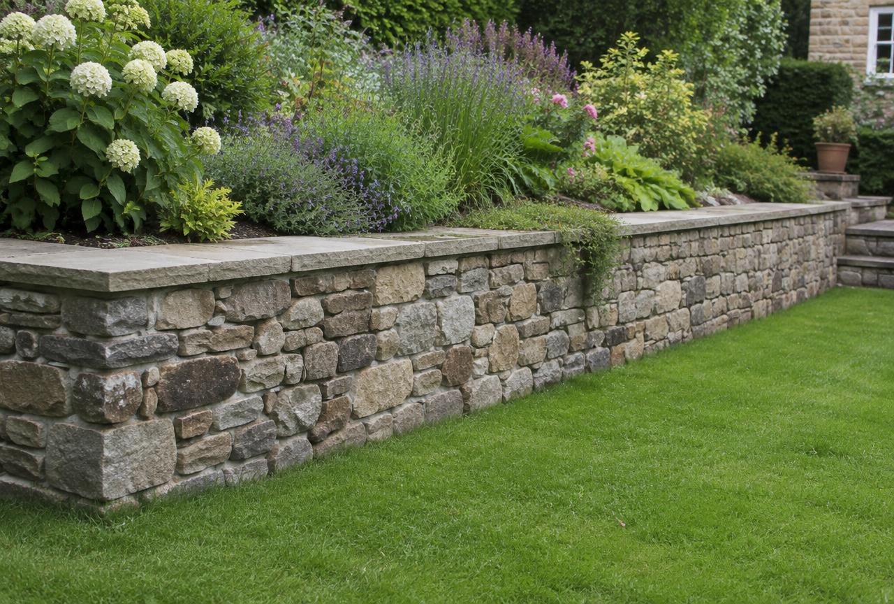 Natural stone garden retaining wall with coping stones dividing a planted bed from a lawn